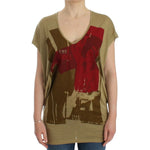 Costume National Chic Green Multicolor Print V-Neck Tee Costume National Saddle Brown