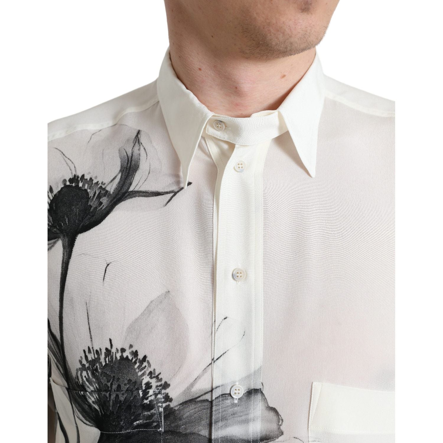 Dolce & Gabbana White Floral Collared Dress Silk Shirt