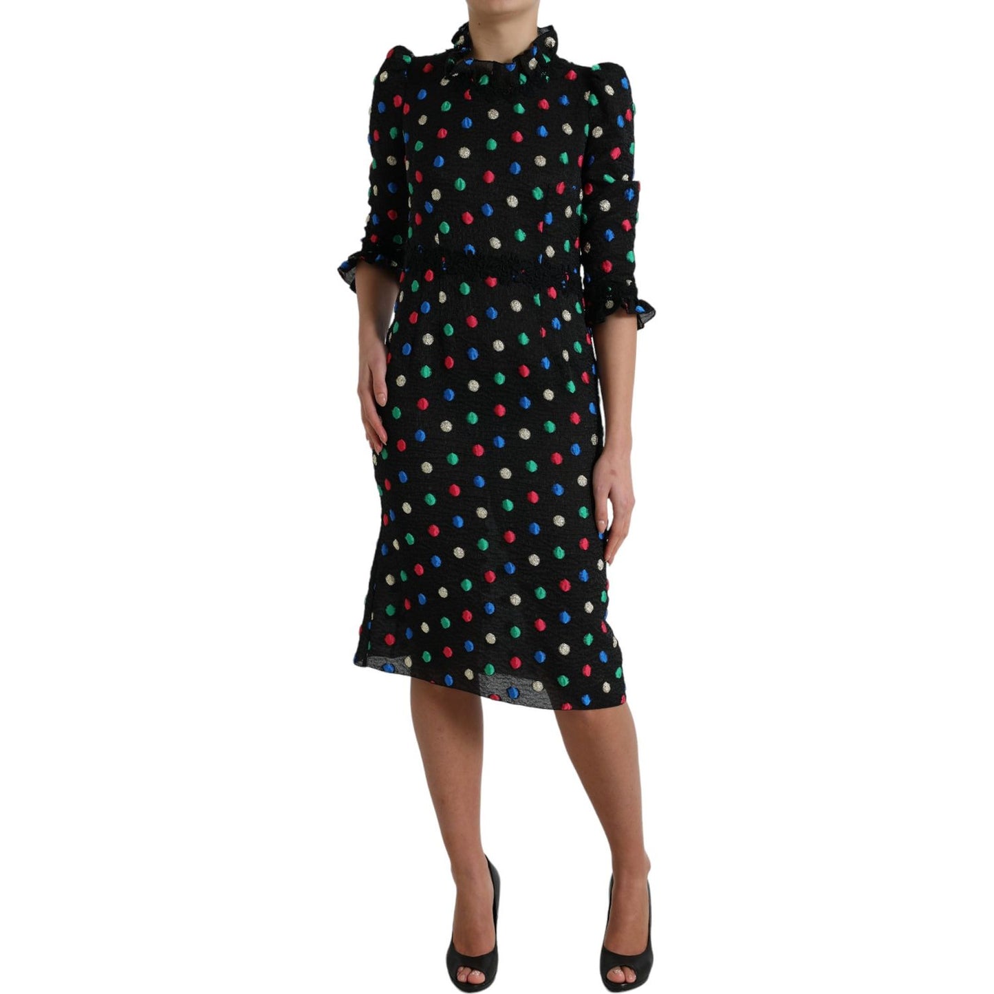 Dolce & Gabbana Black Polka Dot Ruffle Cotton Midi Dress