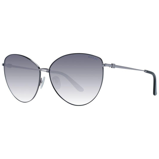 Guess gray women's sunglasses, gunmetal metal cat eye frame, grey gradient plastic lenses, full-rim, 100% UVA/UVB protection.