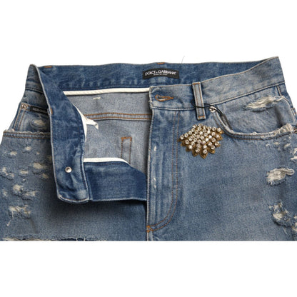 Dolce & Gabbana Blue Tattered Embellished Bermuda Shorts