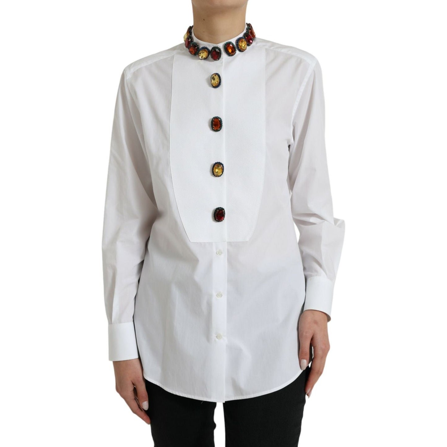 Dolce & Gabbana White Cotton Crystals Embellished Shirt Top