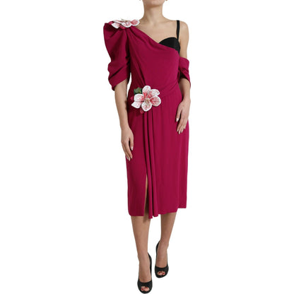 Dolce & Gabbana Purple Flower Embellished One Shoulder Dress