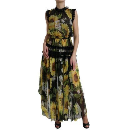 Dolce & Gabbana Black Sunflower A-line Pleated Maxi Dress