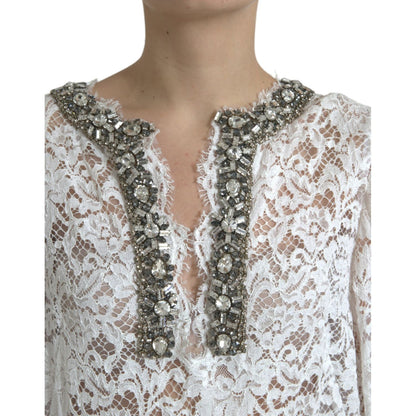 Dolce & Gabbana White Lace Crystal Embellished Shift Dress