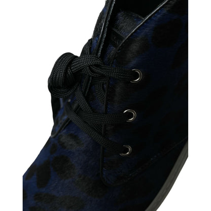 Dolce & Gabbana Blue Calfskin Leopard Mid Top Sneakers Shoes