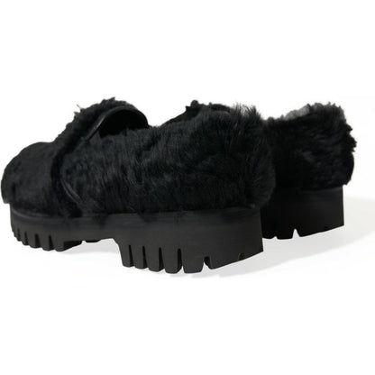 Dolce & Gabbana Black Fur Leather Slippers Dress Shoes