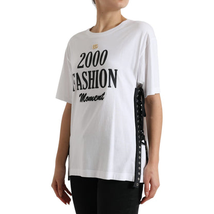 Dolce & Gabbana White Slogan Print Lacing Detailed T-shirt