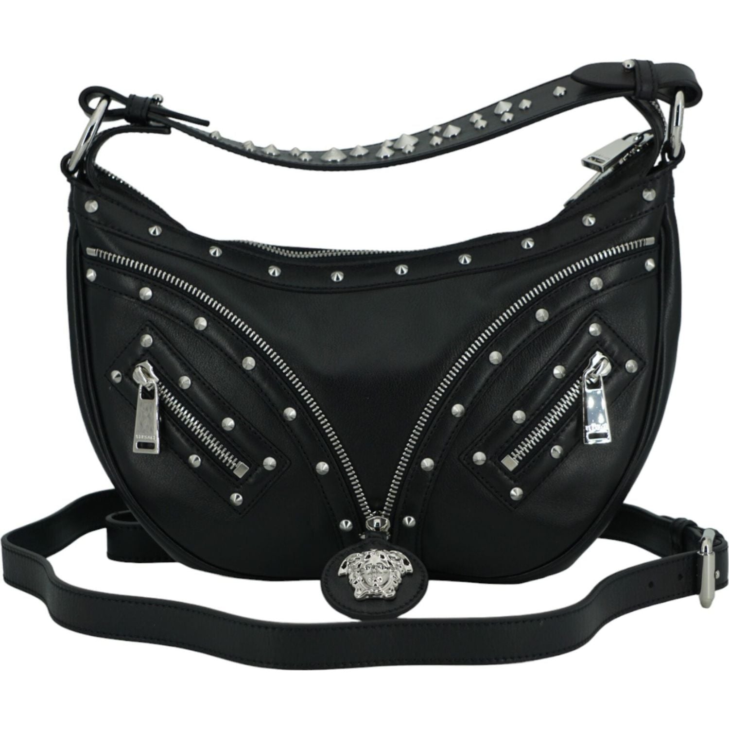 Versace Elegant Black Leather Hobo Shoulder Bag