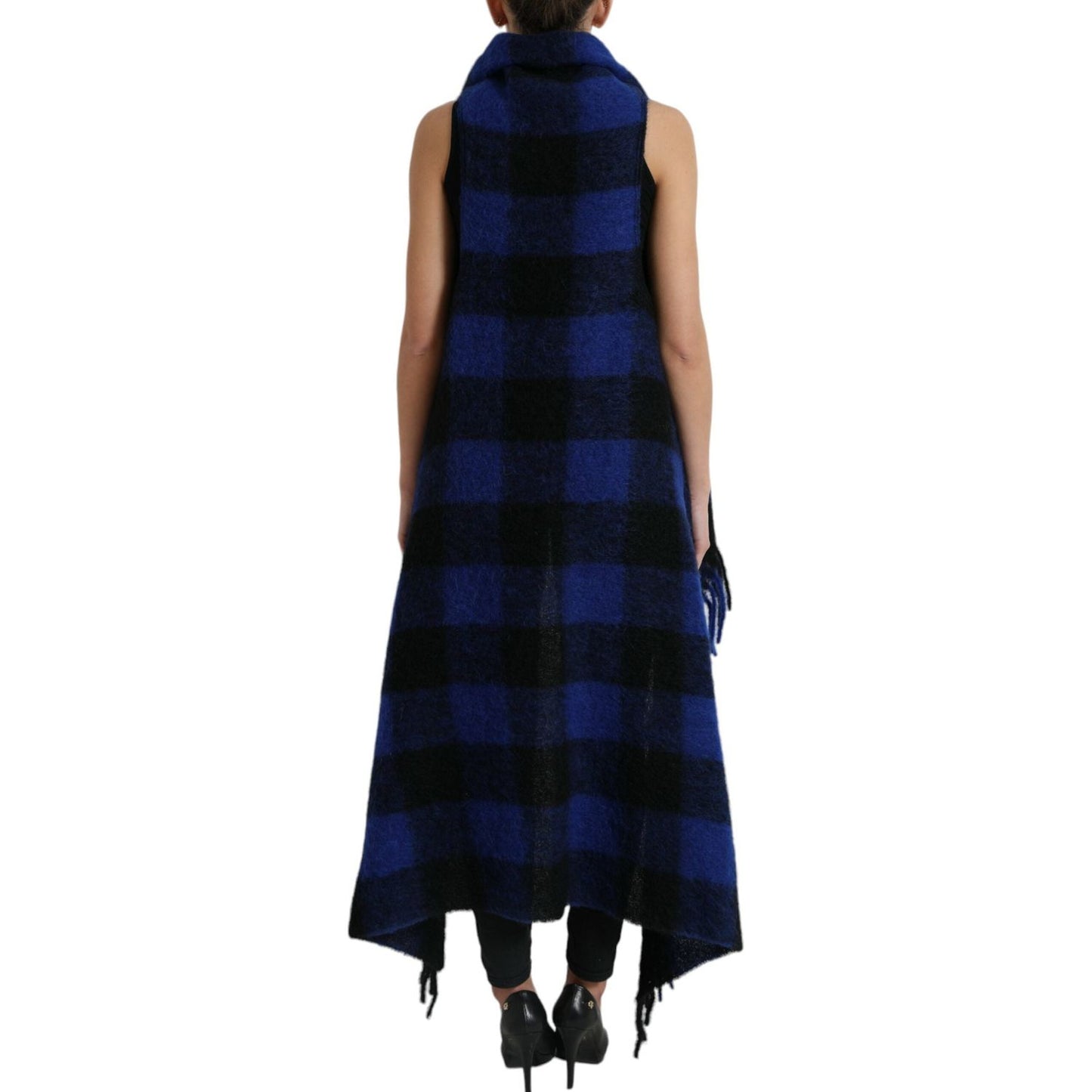 Dolce & Gabbana Black Blue Buffalo Check Poncho Coat Sweater