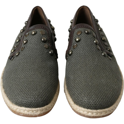 Dolce & Gabbana Gray Linen Leather Studded Loafers Shoes
