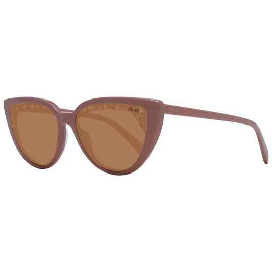 Women's Emilio Pucci cat eye sunglasses in pink with full-rim plastic frame and brown lenses, includes branded case and UVA/UVB protection.