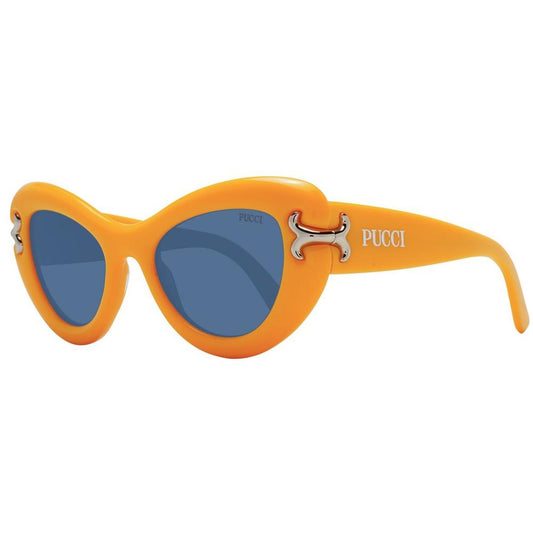 Emilio Pucci yellow cat-eye sunglasses with blue lenses, full-rim plastic frame, 100% UVA & UVB protection, includes branded case.