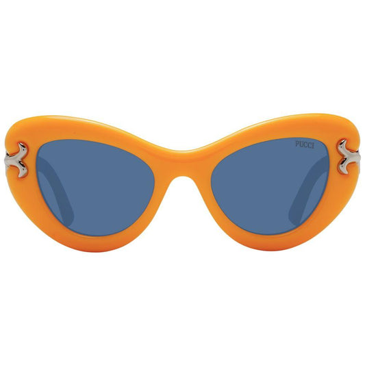 Emilio Pucci yellow cat-eye women's sunglasses with blue lenses, full-rim plastic frame, 100% UVA & UVB protection, includes branded case.