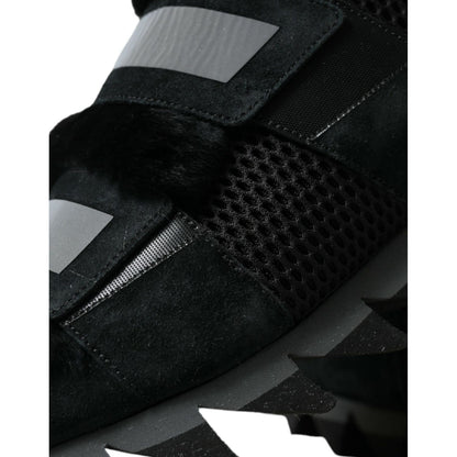 Dolce & Gabbana Black Fur Embellished Suede Sneakers Shoes