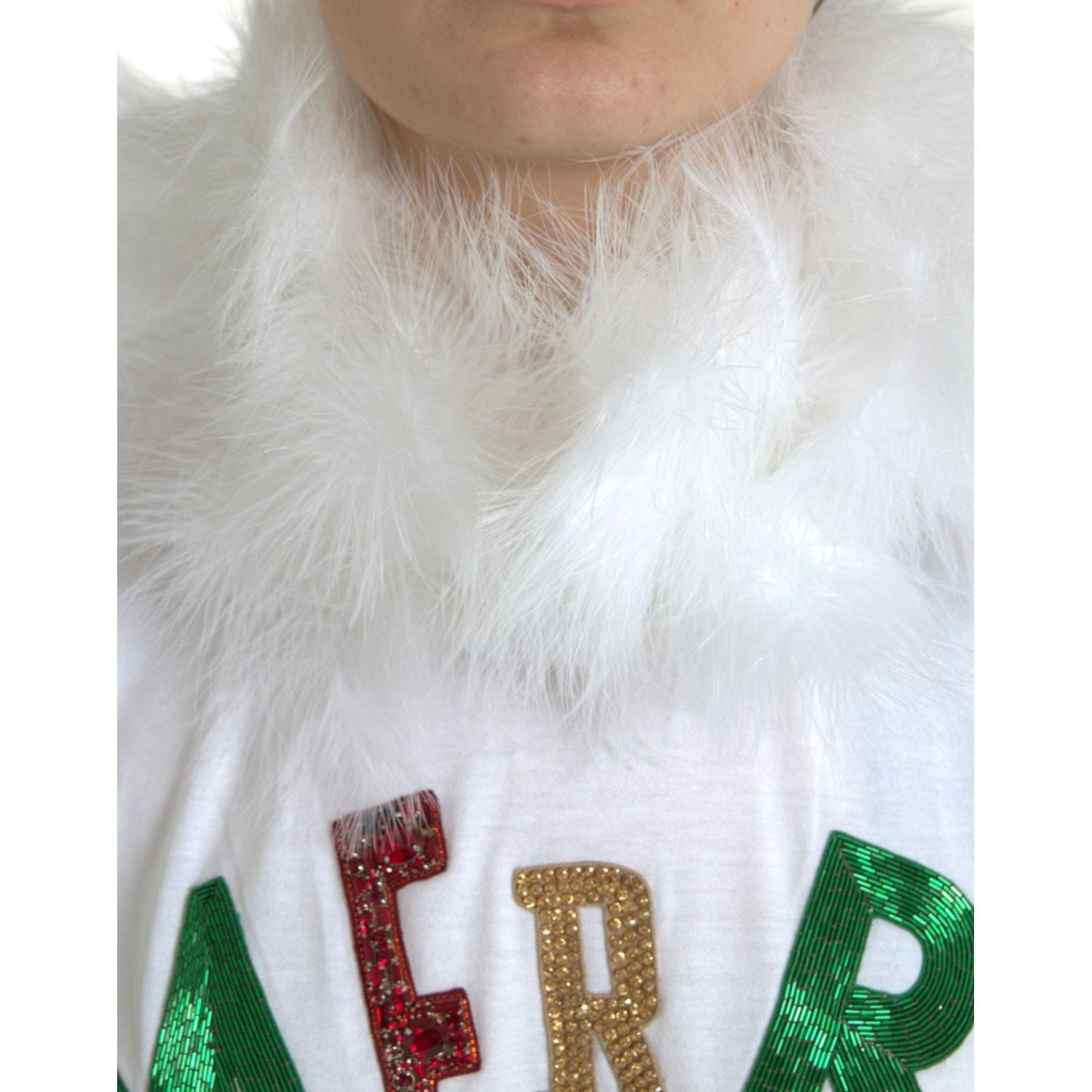 Dolce & Gabbana White Cotton Christmas Sequin Fur T-shirt