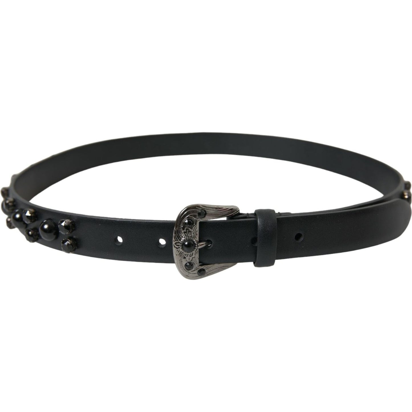 Dolce & Gabbana Black Embellished Leather Engraved Buckle Belt