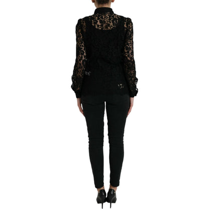 Dolce & Gabbana Black Floral Lace Long Sleeves Blouse Top