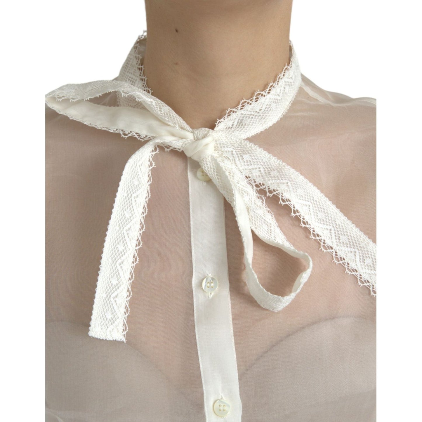 Dolce & Gabbana White Silk Long Sleeves Ascot Collar Top