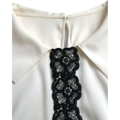 Dolce & Gabbana Off White Silk Lace Trim Short Sleeves Top
