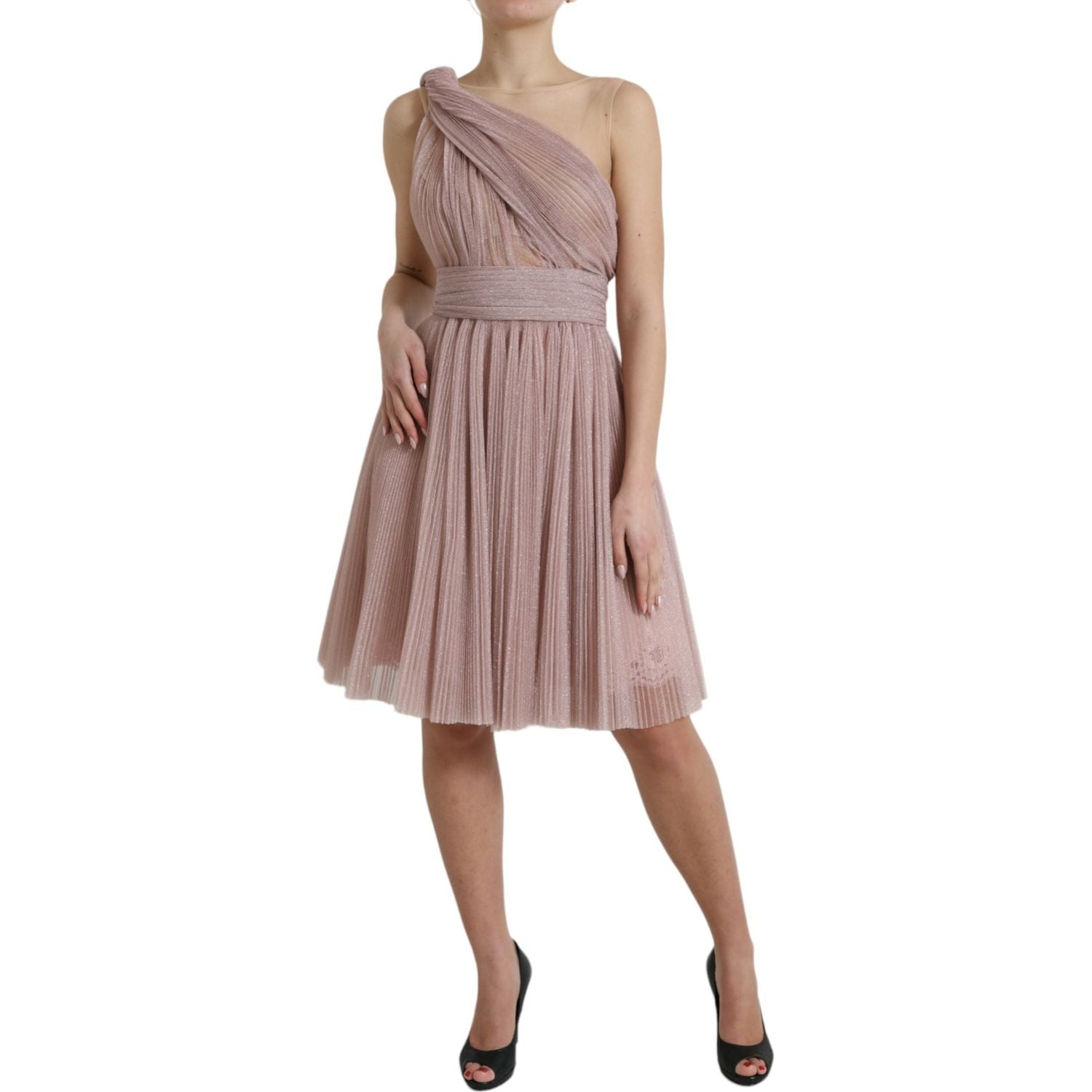 Dolce & Gabbana Light Lilac Pleated Lame Tulle One Shoulder Dress