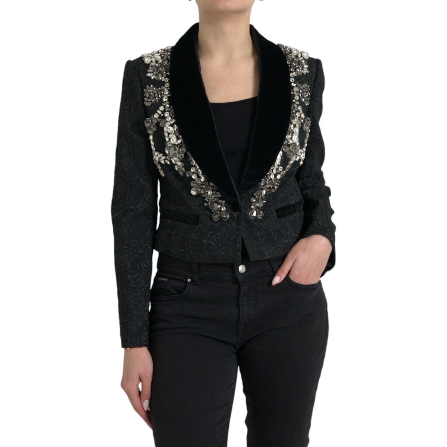 Dolce & Gabbana Black Crystal Embellished Overcoat Jacket