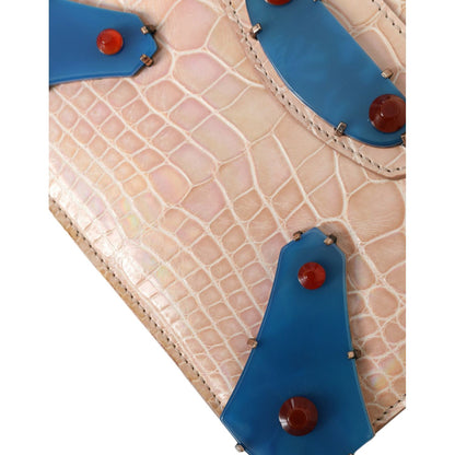 Balenciaga Beige Blue Agate Exotic Leather Gold Chain Purse Bag