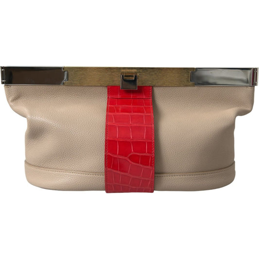 Balenciaga Beige Red Two Tone Exotic Leather Pouch Bag