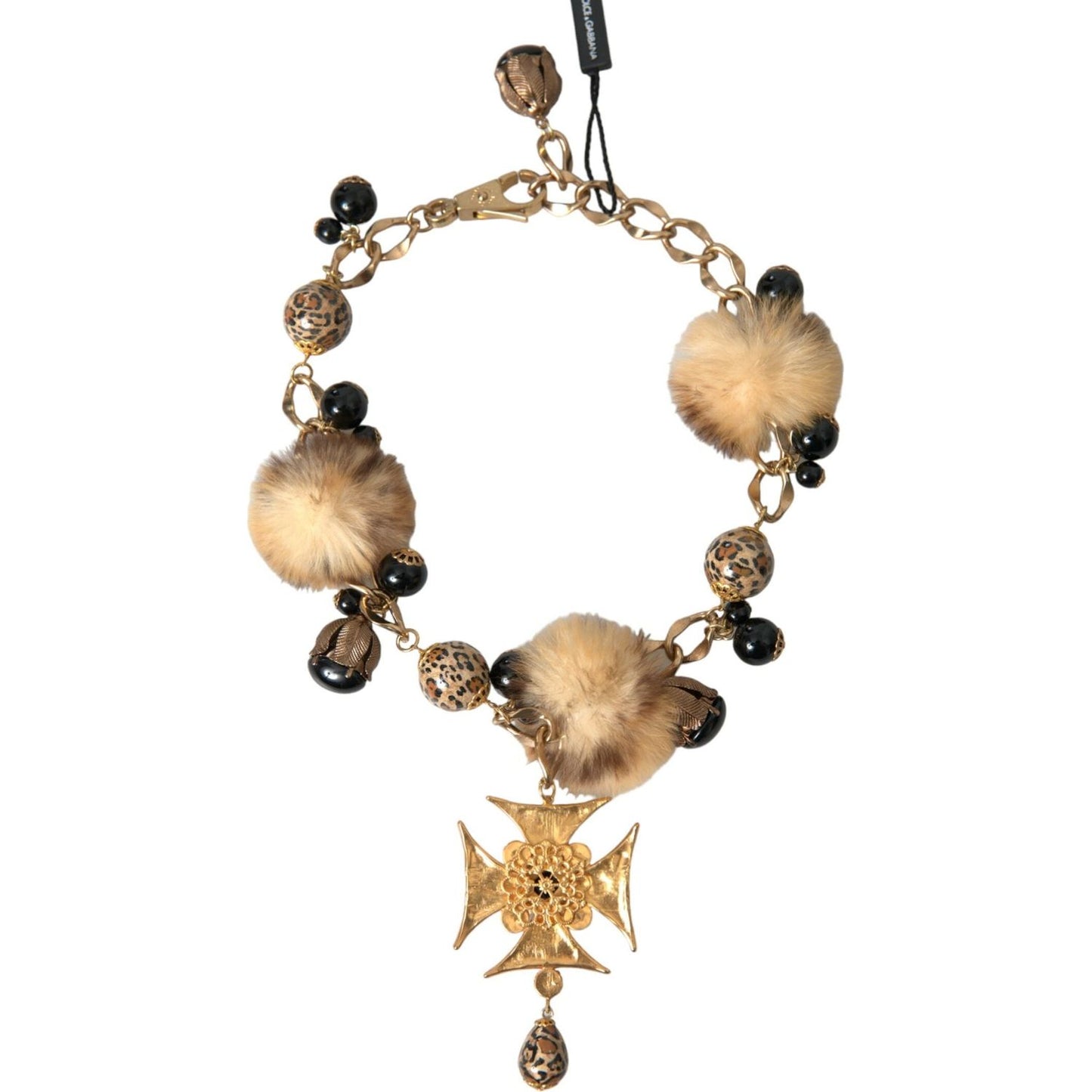 Dolce & Gabbana Gold Black Crystals Lapin Fur Filigree Chocker Necklace Necklace