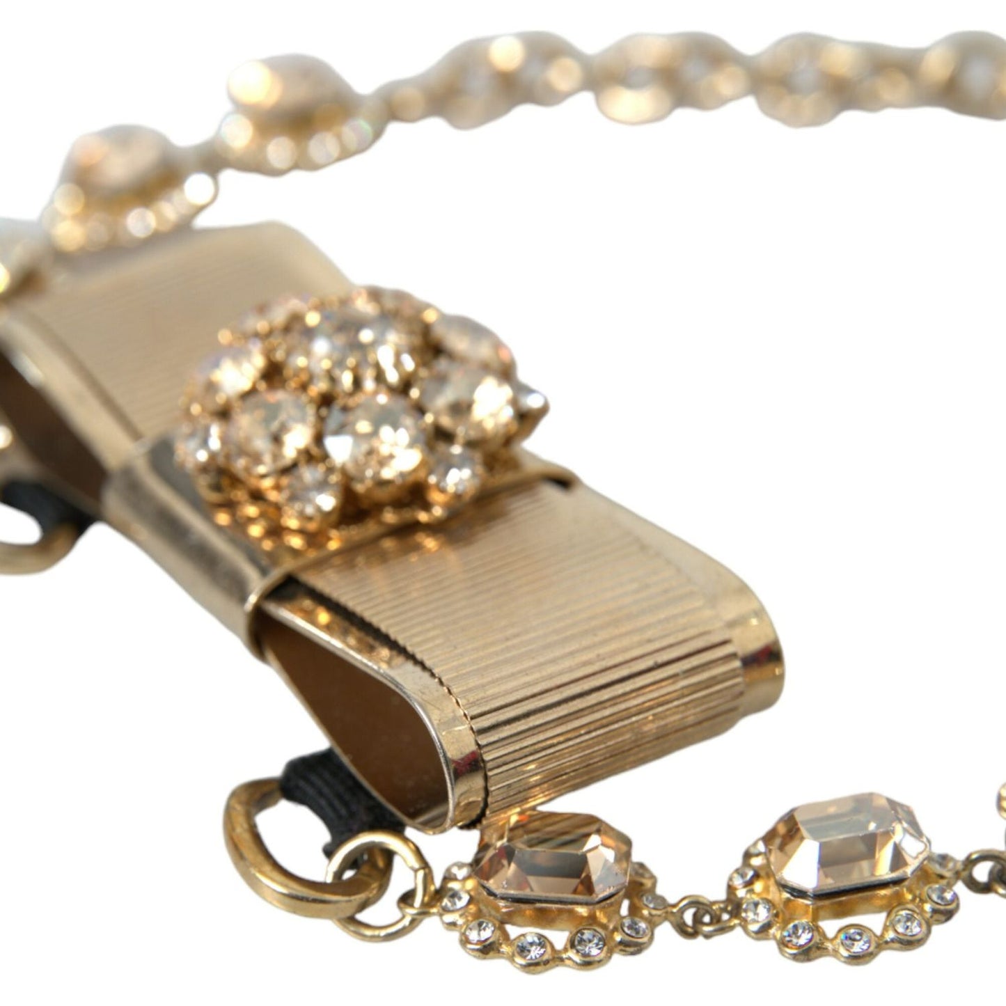 Dolce & Gabbana Gold Brass Clear Crystal Bow Chain Choker Necklace Necklace