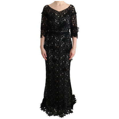 Dolce & Gabbana Black Cotton Silk Floral Long Dress Dresses