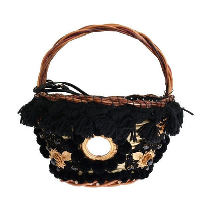 Dolce & Gabbana Beige Straw Snakeskin Pom Pom Crystal AGNESE Bag