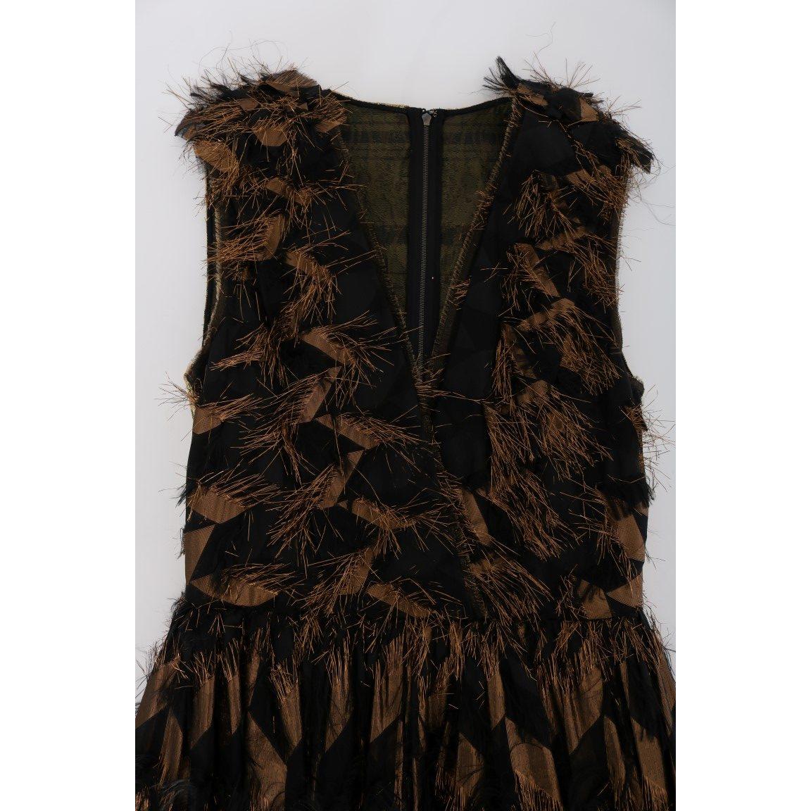 Dolce & Gabbana Black Silk Brown Fringes A-Line Dress DR1018-6