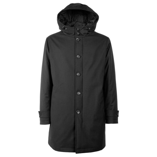 Made in Italy Black Wool Men Jacket with hood and button closure
