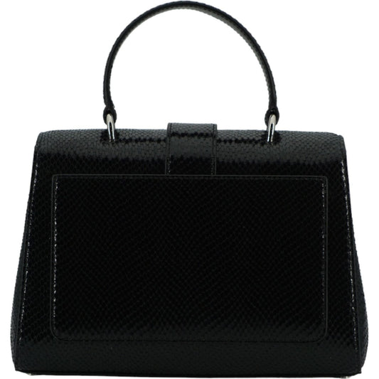 Jimmy Choo black leather top handle shoulder bag in lizard print with crystal hardware and removable strap.