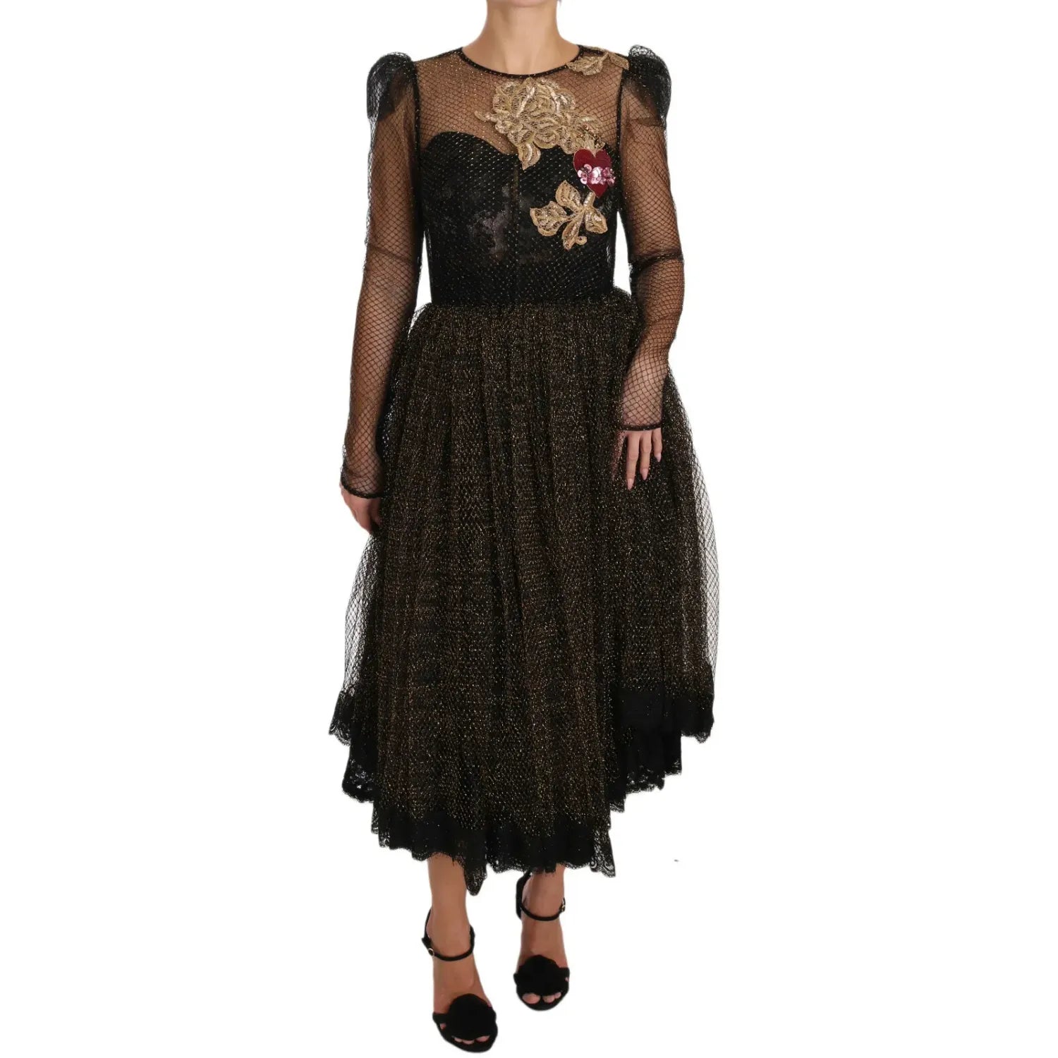 Dolce & Gabbana Black Gold Crystal Heart A-line Dress