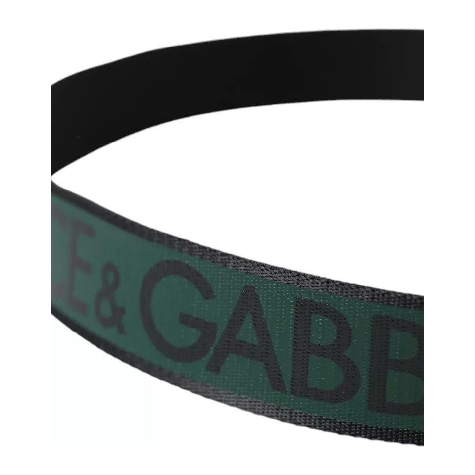Dolce & Gabbana Black Green Logo Silver Metal Buckle Belt