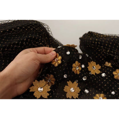 Dolce & Gabbana Black Crystal Floral Maxi Ball Gown Dress