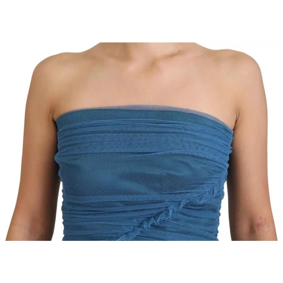 Dolce & Gabbana Blue Mesh Trim Ruched Tulle Sheath Dress