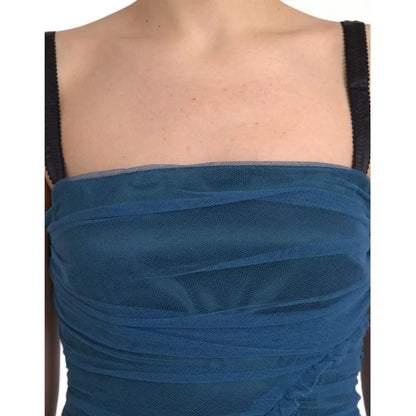 Dolce & Gabbana Blue Mesh Trim Ruched Tulle Sheath Dress