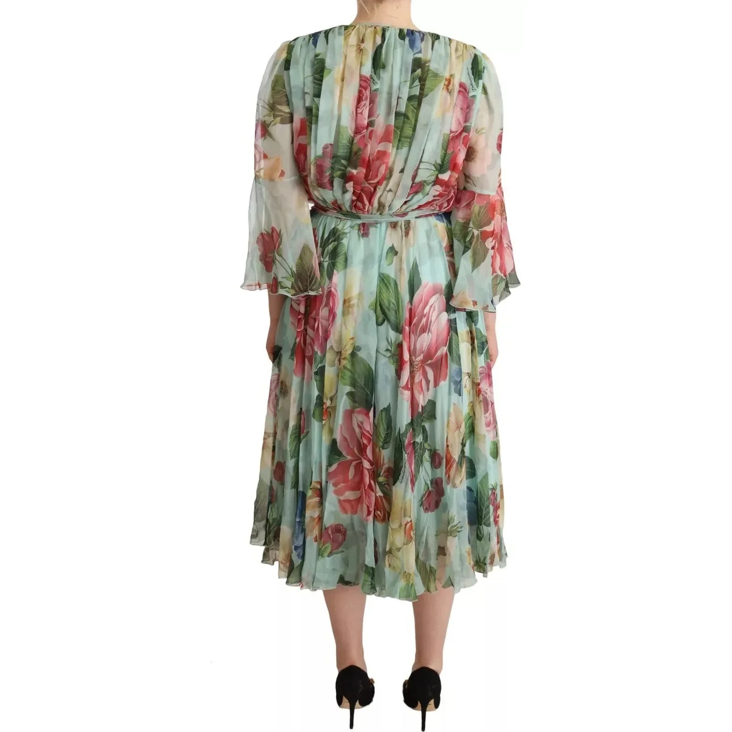 Dolce & Gabbana Green Floral Long Sleeve V-neck Midi Dress
