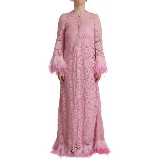 Dolce & Gabbana shift dress in lilac lace with feather trim and long sleeves, showcasing elegant design and craftsmanship.
