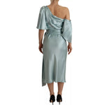 Dolce & Gabbana Silk Mint Green Fit Cut One Shoulder Midi Dress DR28280