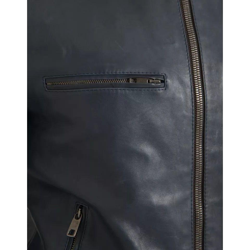 Dolce & Gabbana Blue Leather Full Zip Biker Blouson Jacket