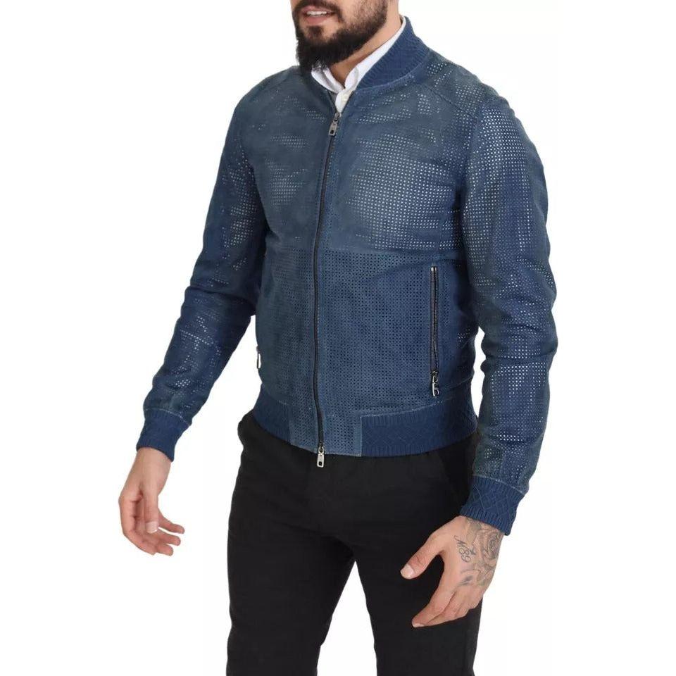 Dolce & Gabbana Blue Leather Perforated Full Zip Jacket