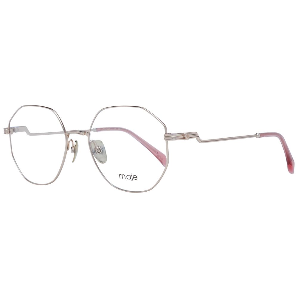 Maje Gold Women Glasses Frame in metal full-rim style, round shape, demo lenses, includes branded case.