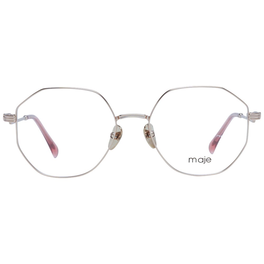 Maje Gold Women Glasses Frame featuring full-rim style with gold metal frame, round shape, size 52-17-140, includes branded case.