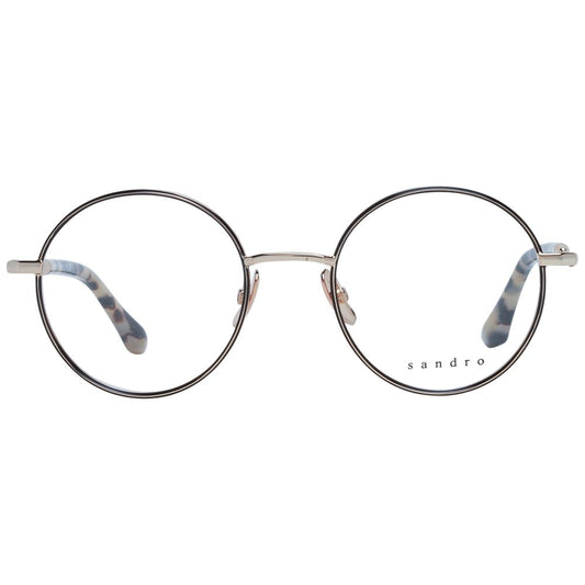Sandro Black Women Glasses Frame in stainless steel with full-rim design, demo lenses, and branded case. Elegant panto style eyewear.