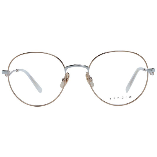 Sandro Gold Women Glasses Frame in stainless steel with full-rim round style, size 51-19-140, featuring demo lenses and branded case.