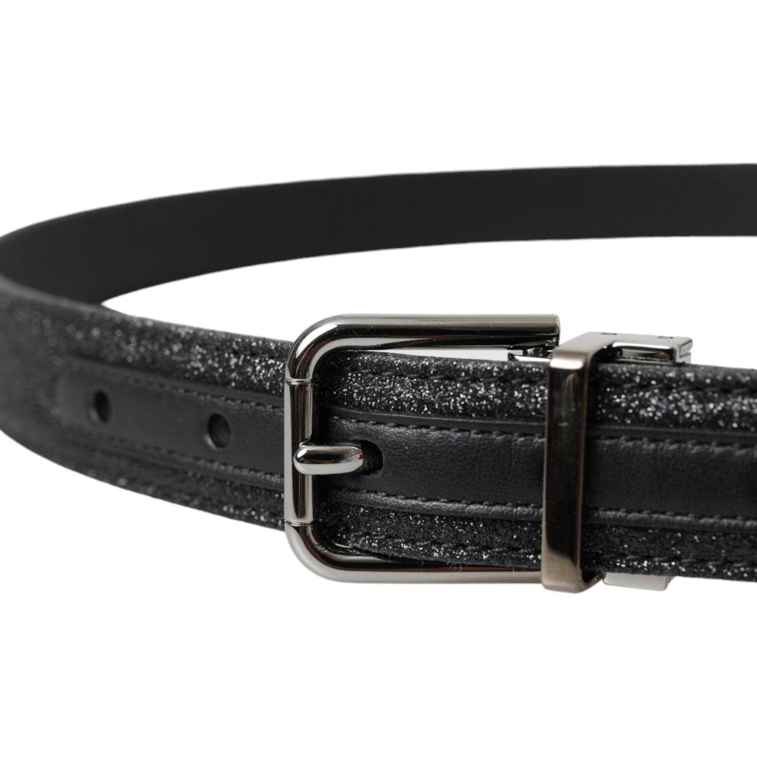 Dolce & Gabbana Black Glittered Leather Silver Buckle Belt